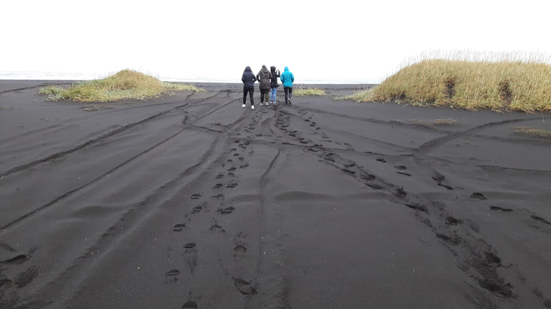 A group of travelers has left footsteps in the sand in Vöðlavík.
