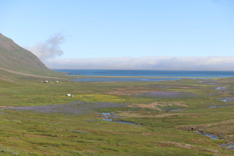 A photo that is taken from the highlands above Vöðlavík overlooking the cove. 